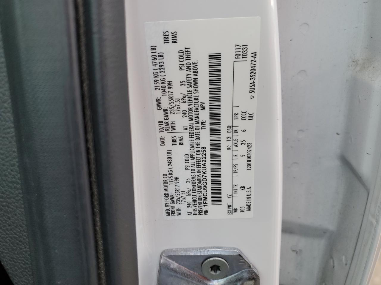 1FMCU9GD7KUA22258 FORD ESCAPE 2019