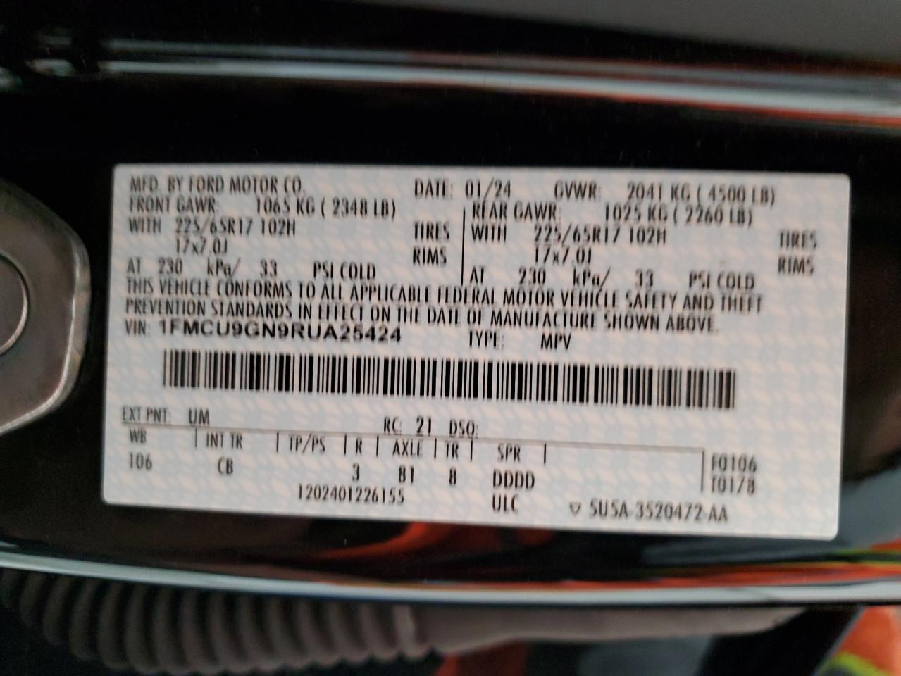 1FMCU9GN9RUA25424 FORD ESCAPE ACT 2024