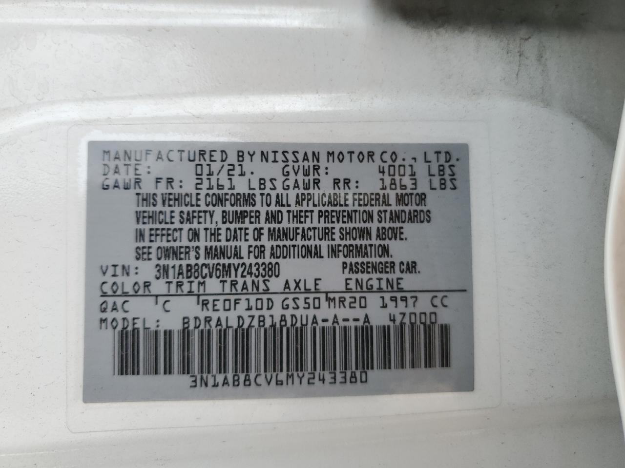 3N1AB8CV6MY243380 NISSAN SENTRA 2021