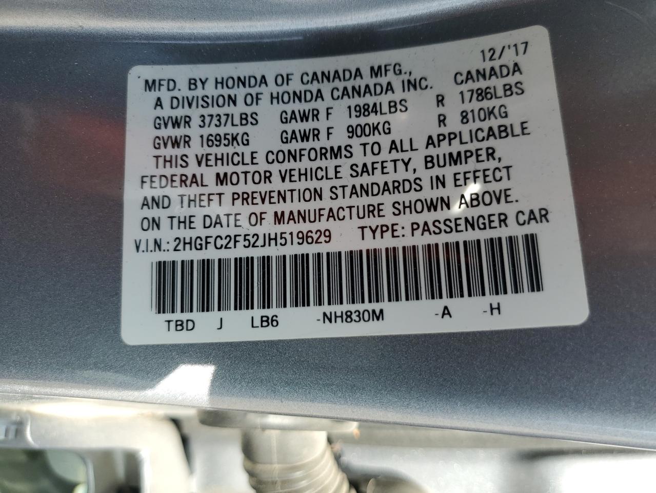 2018 Honda Civic Lx VIN: 2HGFC2F52JH519629 Lot: 70106125