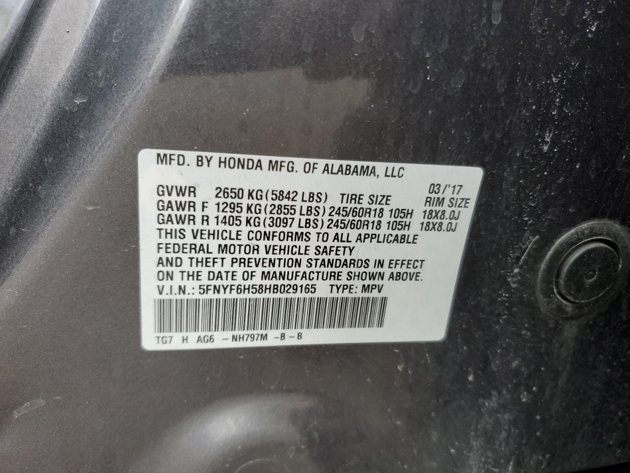 5FNYF6H58HB029165 HONDA PILOT 2017