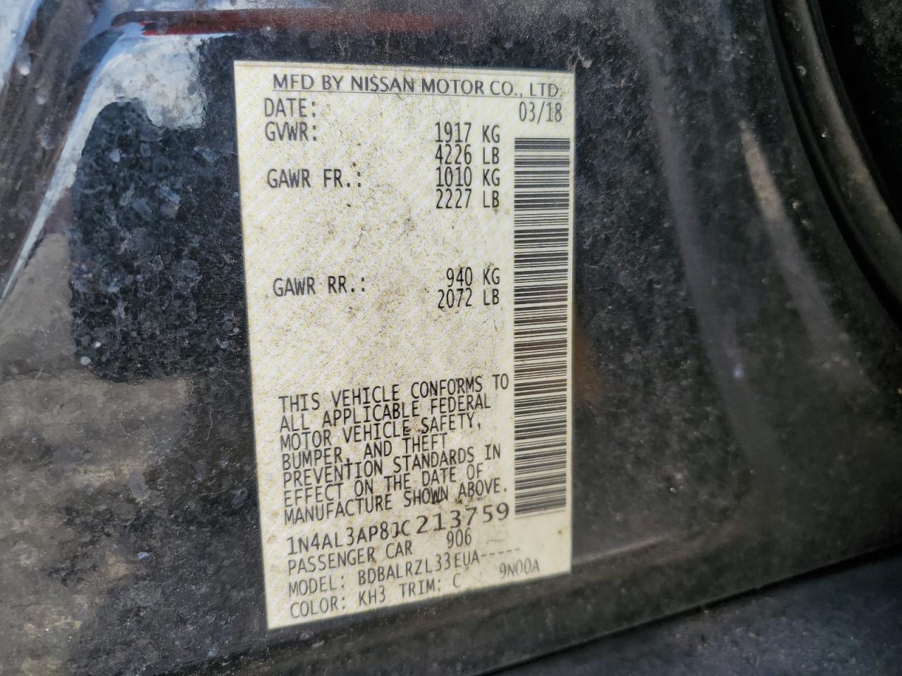 2018 Nissan Altima 2.5 VIN: 1N4AL3AP8JC213759 Lot: 50616095