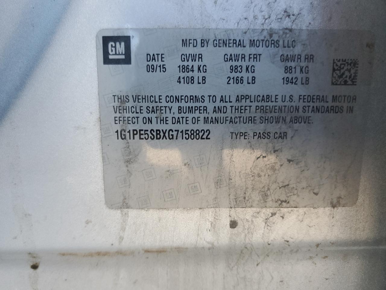 1G1PE5SBXG7158822 CHEVROLET CRUZE 2016