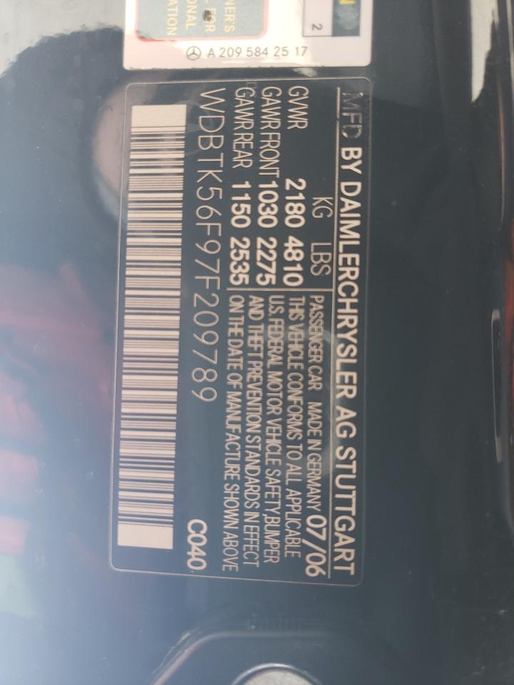 2007 Mercedes-Benz Clk 350 VIN: WDBTK56F97F209789 Lot: 47182025