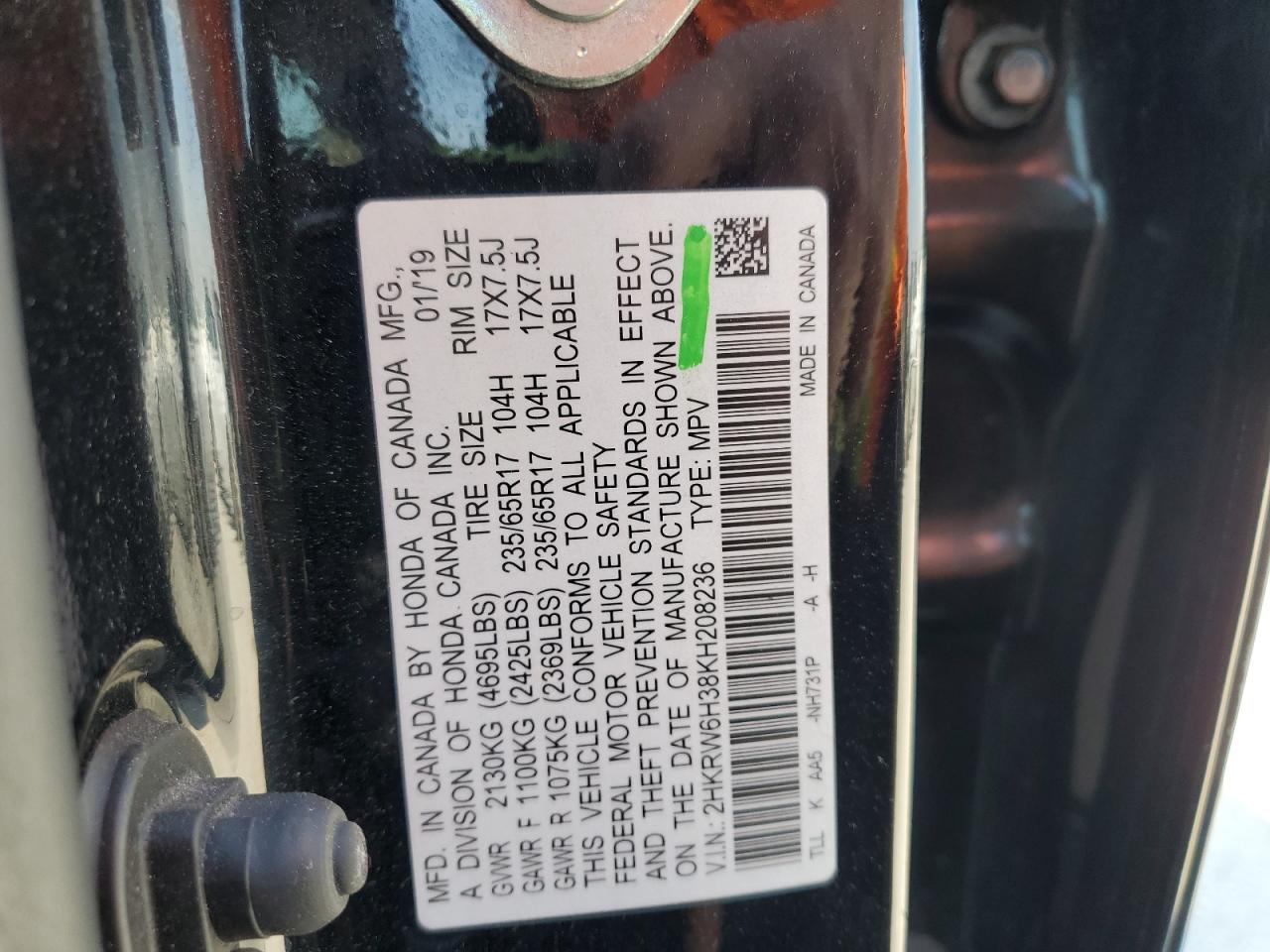 2HKRW6H38KH208236 HONDA CRV 2019