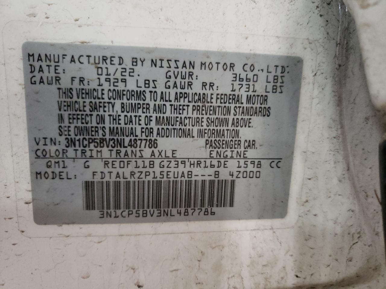 3N1CP5BV3NL487786 NISSAN KICKS 2022