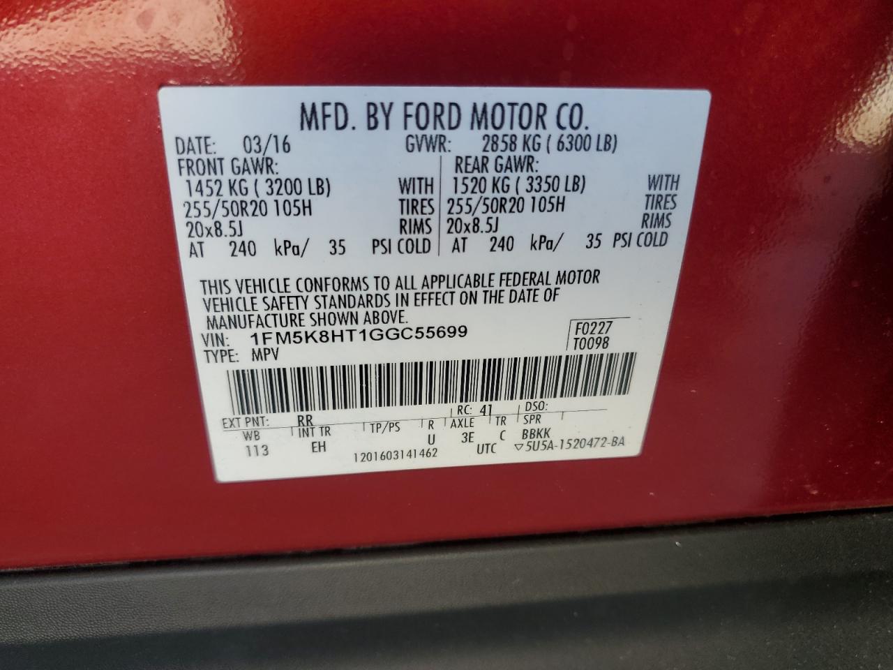 1FM5K8HT1GGC55699 FORD EXPLORER 2016