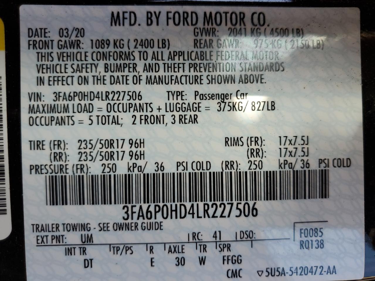 3FA6P0HD4LR227506 FORD FUSION 2020