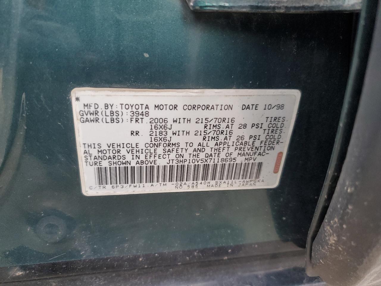 1999 Toyota Rav4 VIN: JT3HP10V5X7118695 Lot: 46947745