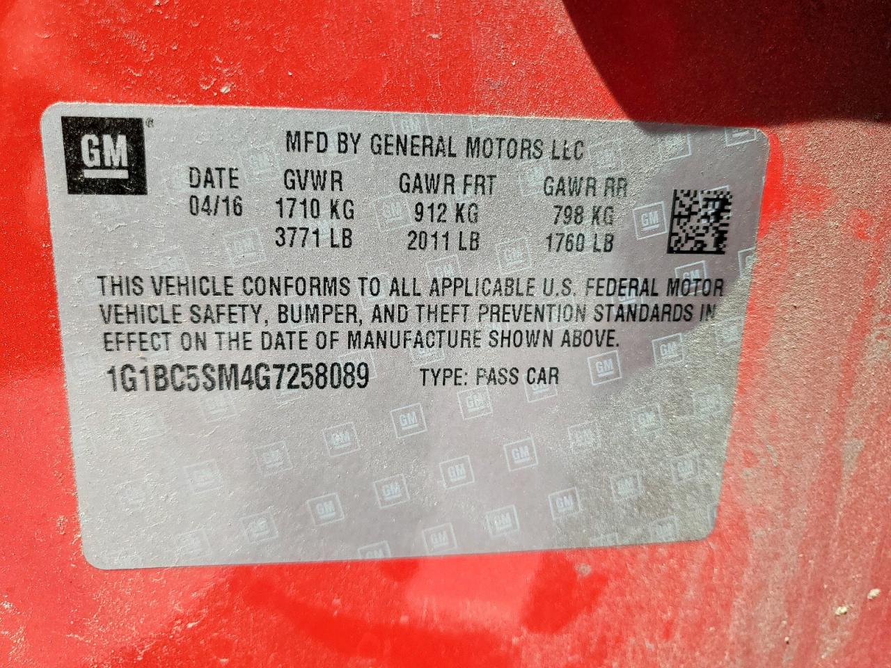 1G1BC5SM4G7258089 CHEVROLET CRUZE 2016