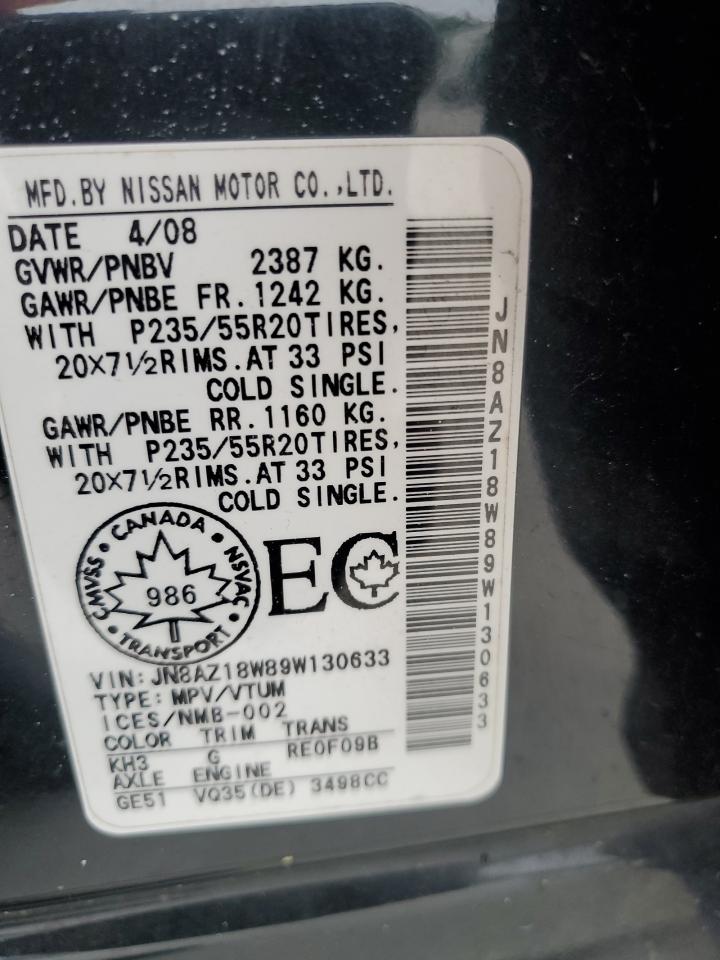 2009 Nissan Murano S VIN: JN8AZ18W89W130633 Lot: 50937595