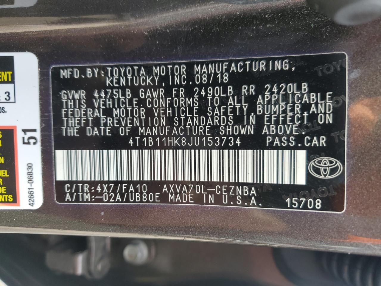 4T1B11HK8JU153734 TOYOTA CAMRY 2018