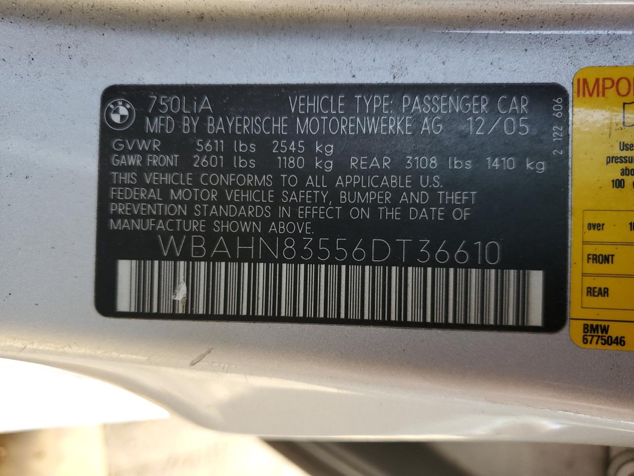 2006 BMW 750 Li VIN: WBAHN83556DT36610 Lot: 48242385