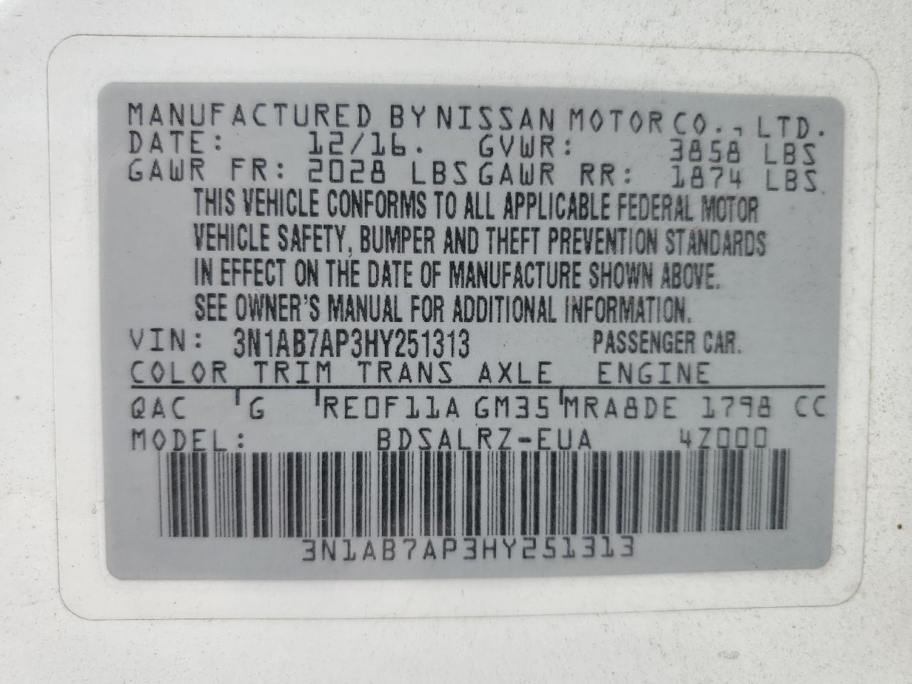 3N1AB7AP3HY251313 NISSAN SENTRA 2017