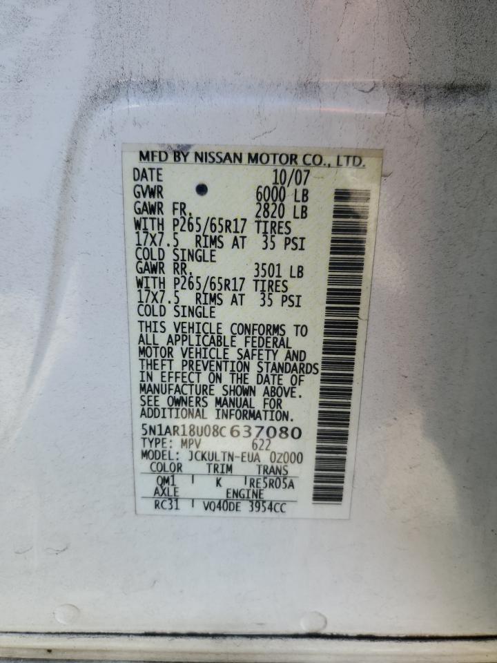 2008 Nissan Pathfinder S VIN: 5N1AR18U08C637080 Lot: 49217505