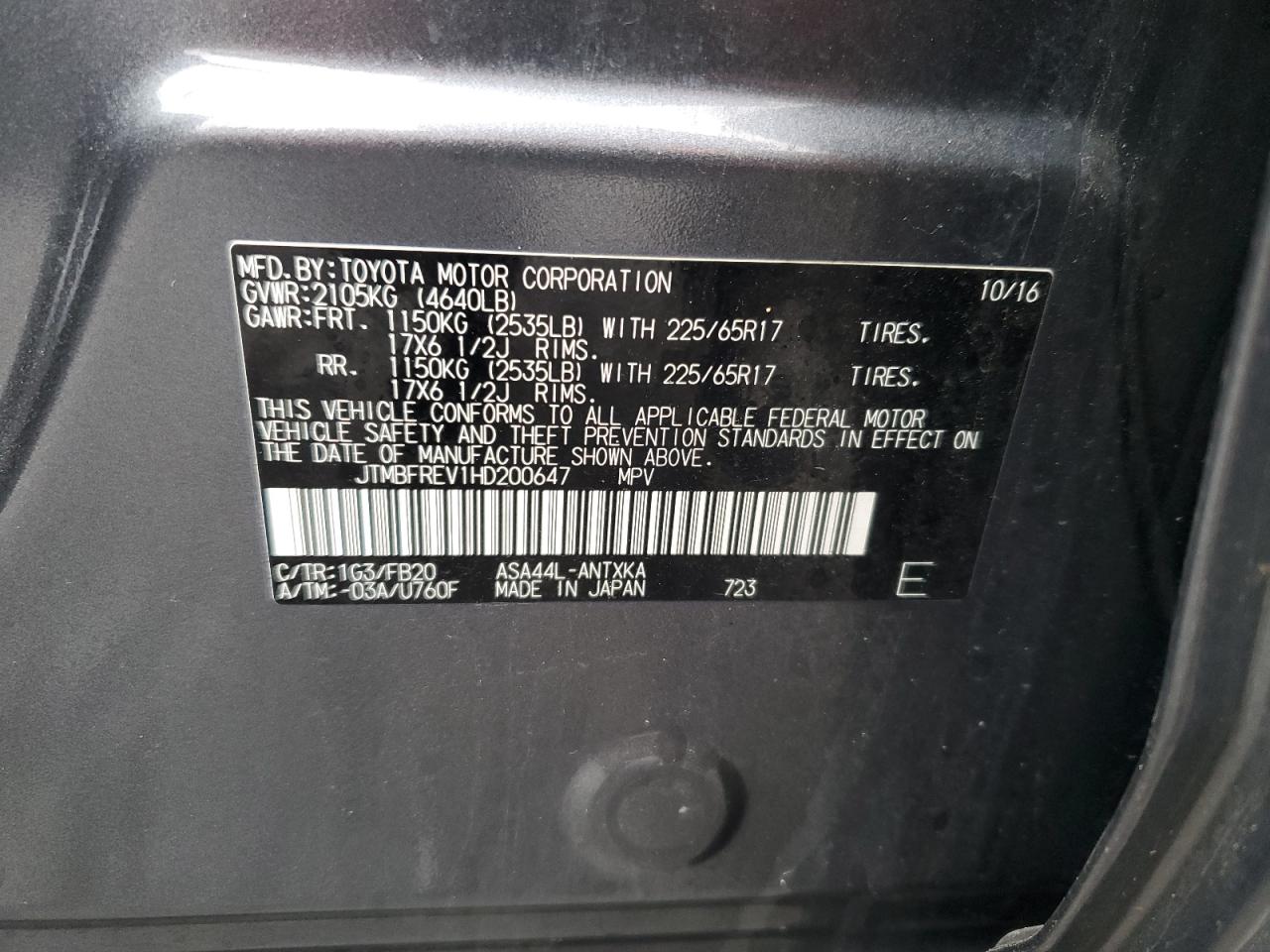 JTMBFREV1HD200647 TOYOTA RAV4 2017
