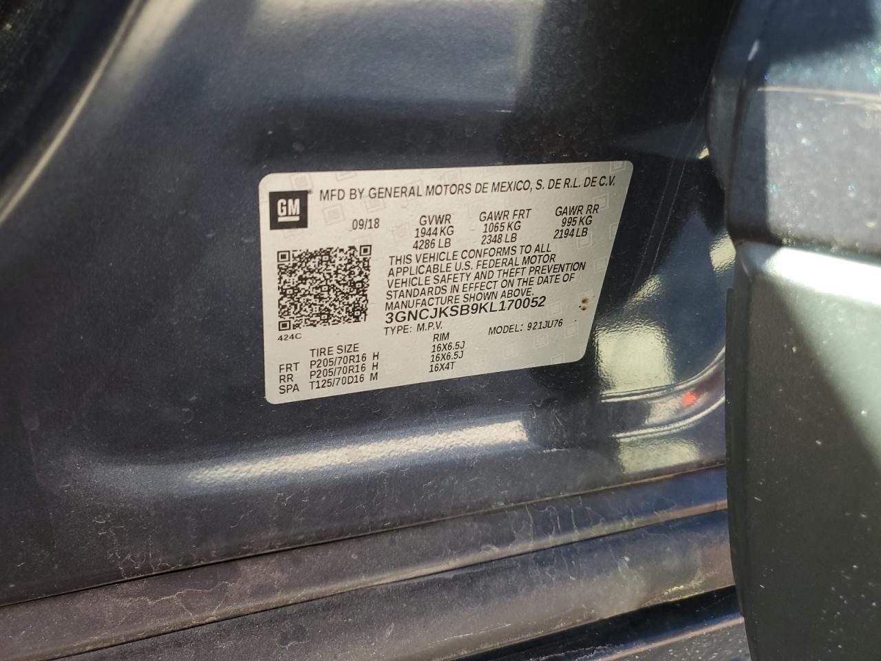 3GNCJKSB9KL170052 CHEVROLET TRAX 2019
