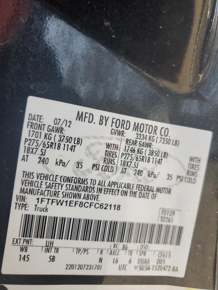 2012 Ford F150 Supercrew VIN: 1FTFW1EF8CFC62118 Lot: 62358955