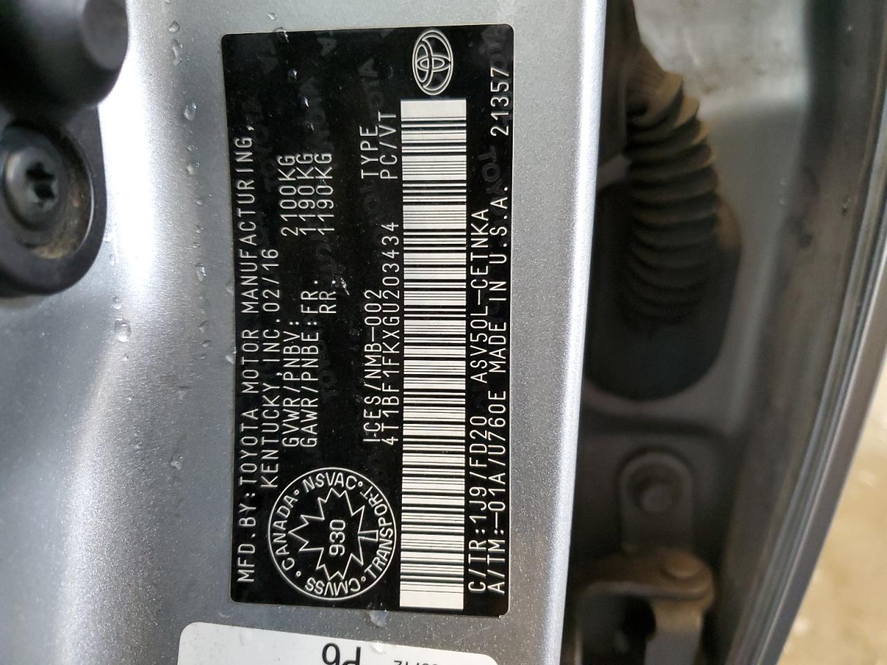 4T1BF1FKXGU203434 TOYOTA CAMRY 2016