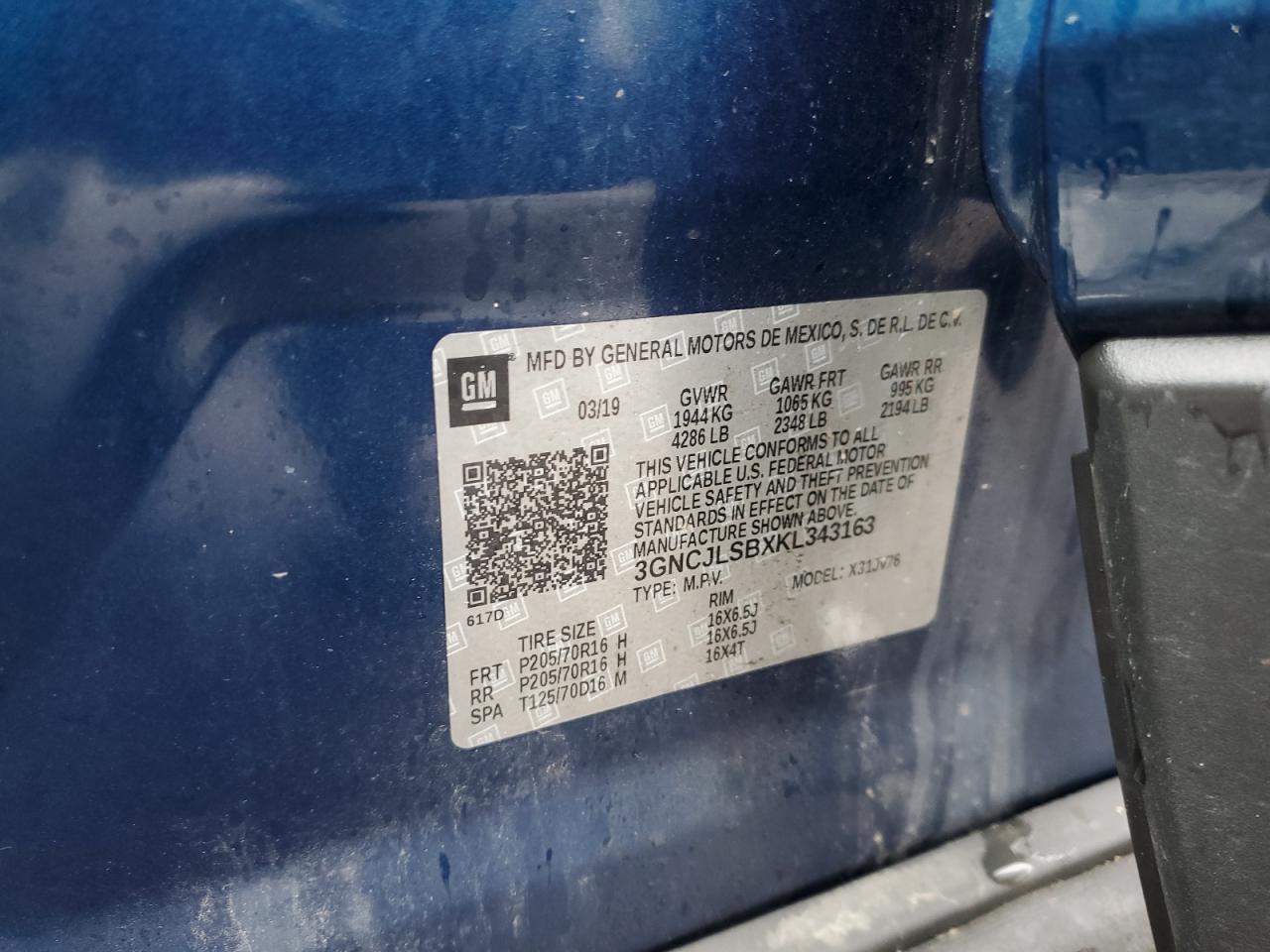 2019 Chevrolet Trax 1Lt VIN: 3GNCJLSBXKL343163 Lot: 61429345