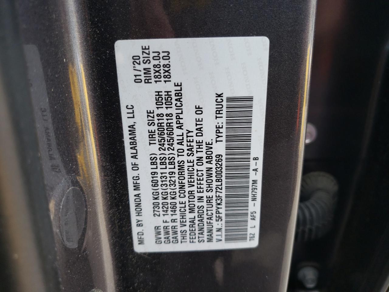 5FPYK3F72LB003269 HONDA RIDGELINE 2020