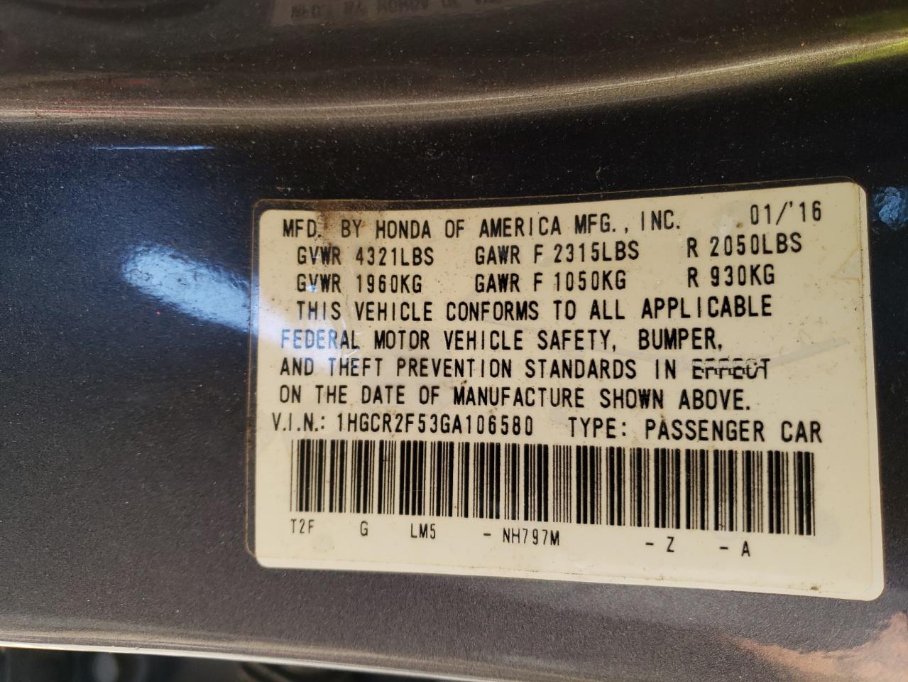 1HGCR2F53GA106580 HONDA ACCORD 2016
