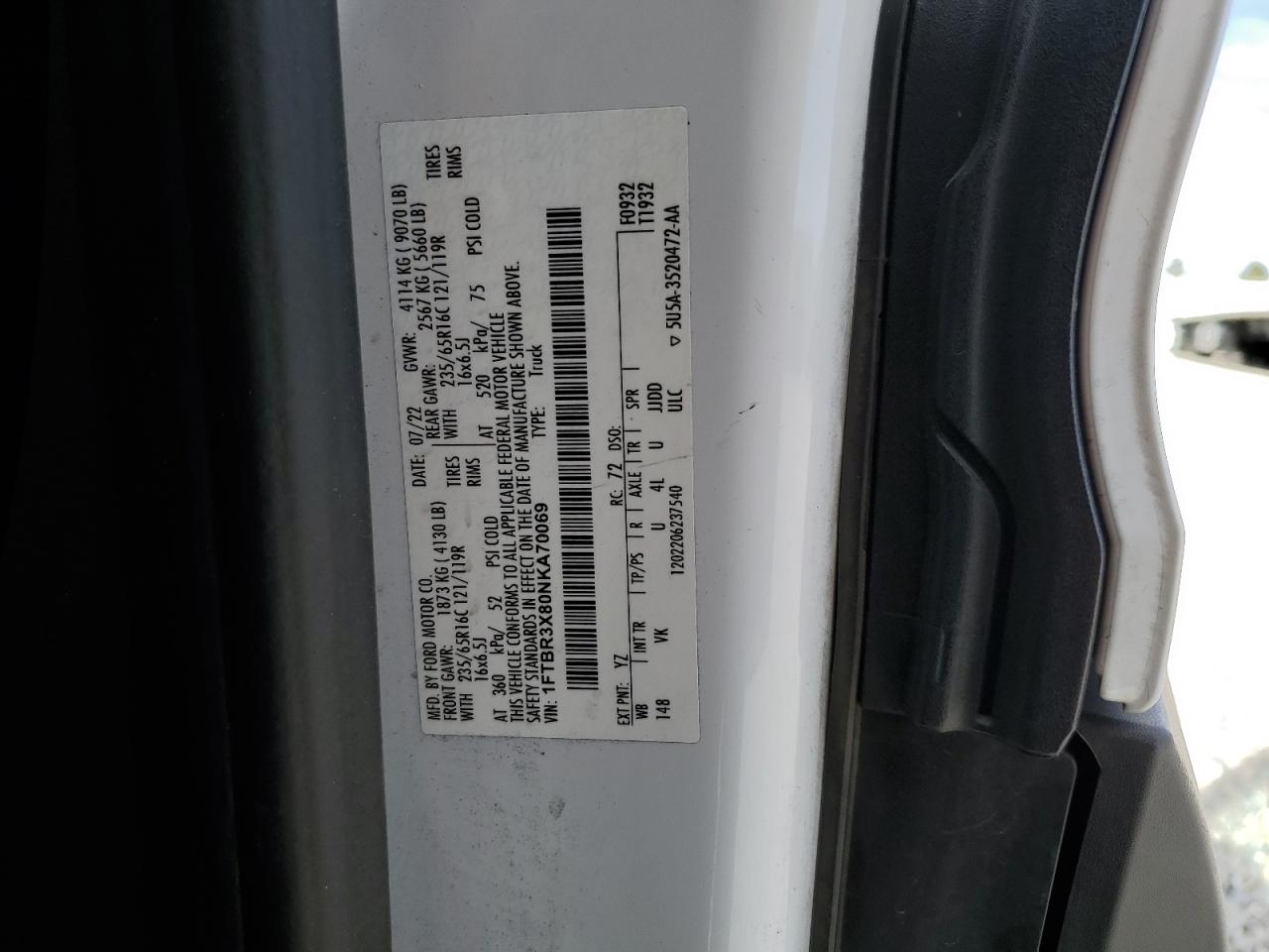 1FTBR3X80NKA70069 FORD TRANSIT 2022
