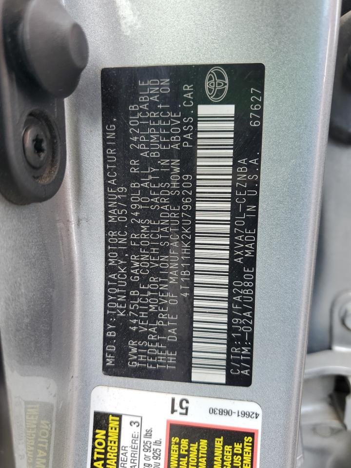 4T1B11HK2KU796209 TOYOTA CAMRY 2019