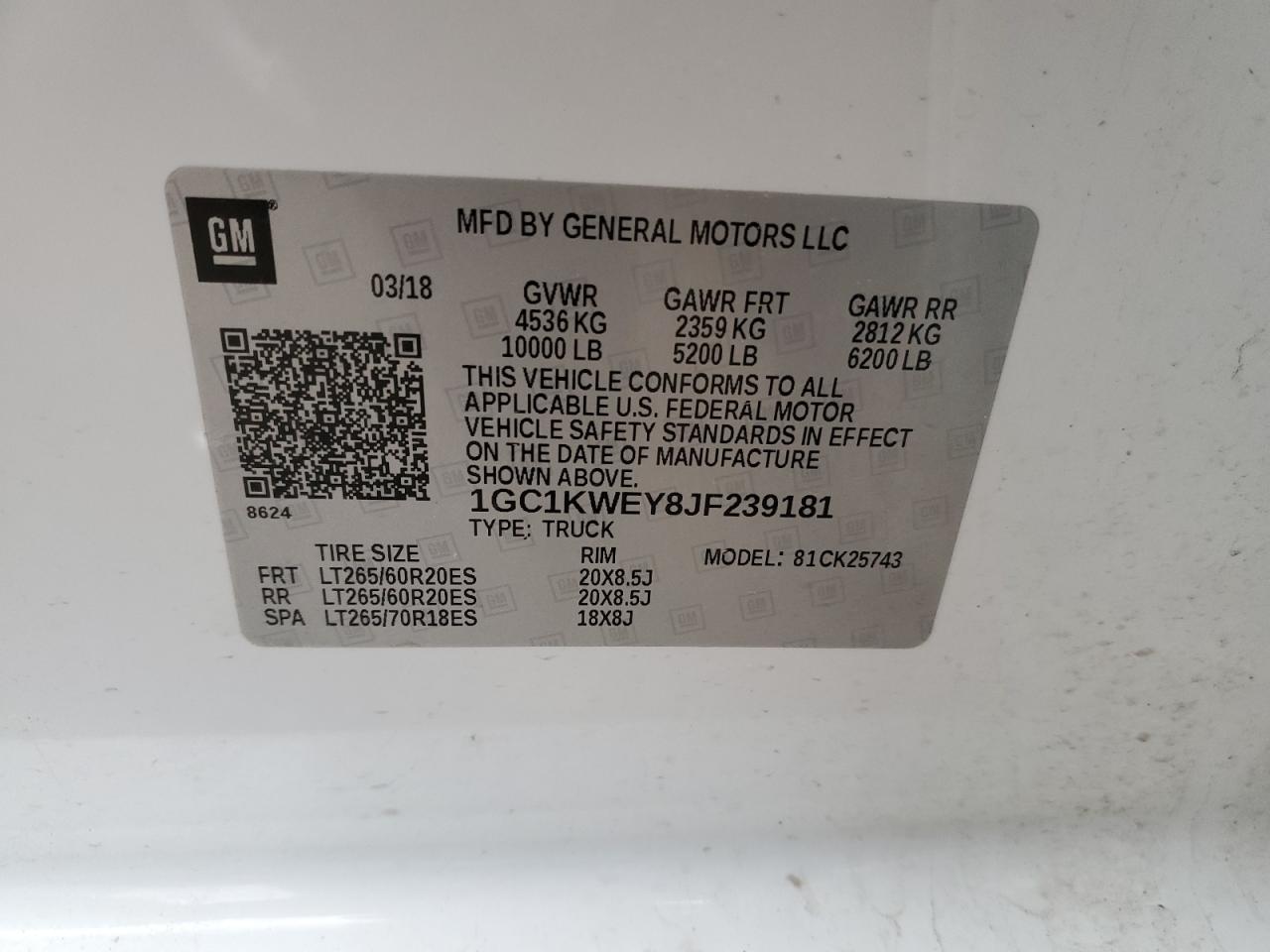 1GC1KWEY8JF239181 CHEVROLET ALL Models 2018