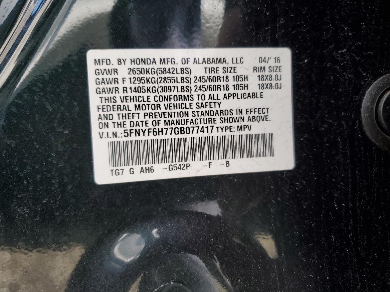 5FNYF6H77GB077417 HONDA PILOT 2016