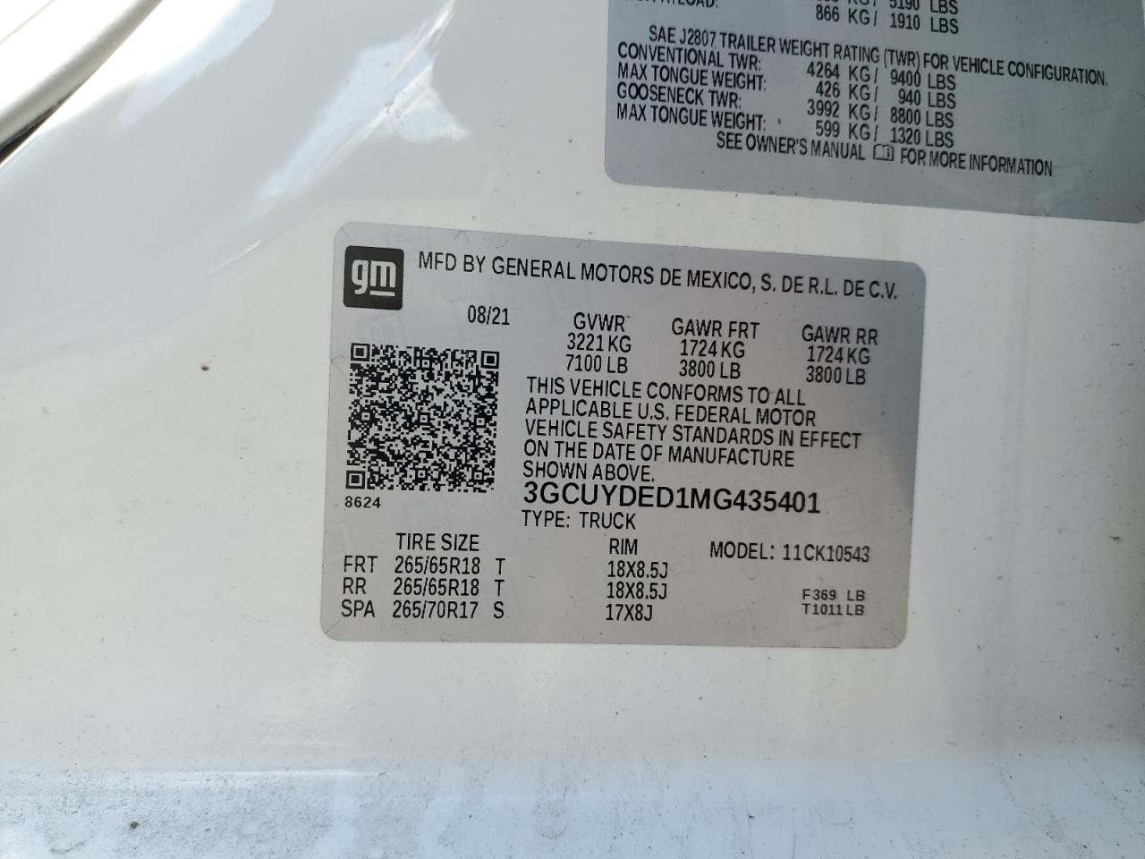 VIN: 3GCUYDED1MG435401 2021 CHEVROLET ALL Models
