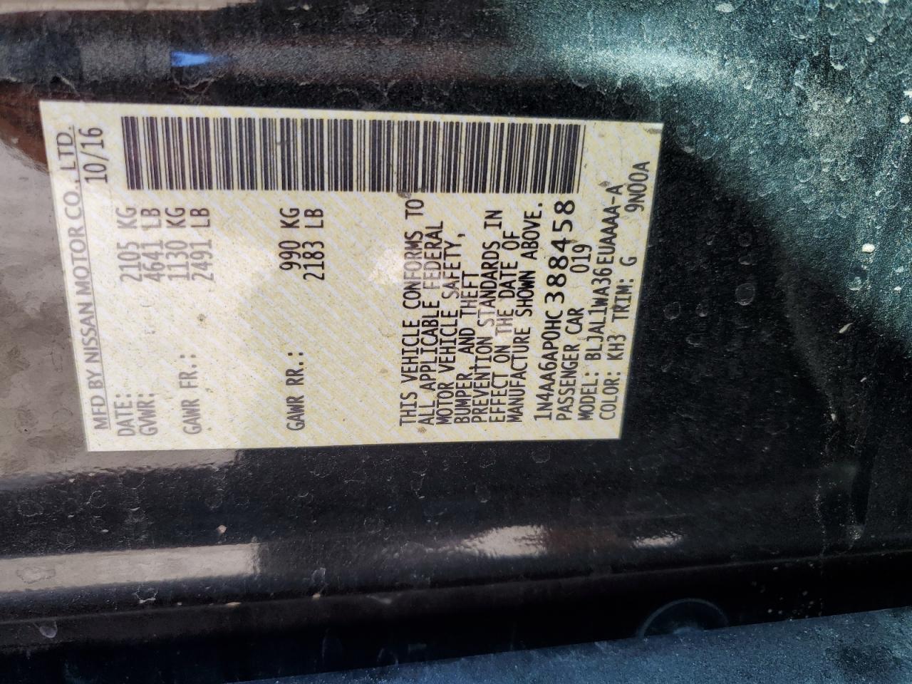 1N4AA6AP0HC388458 NISSAN MAXIMA 2017