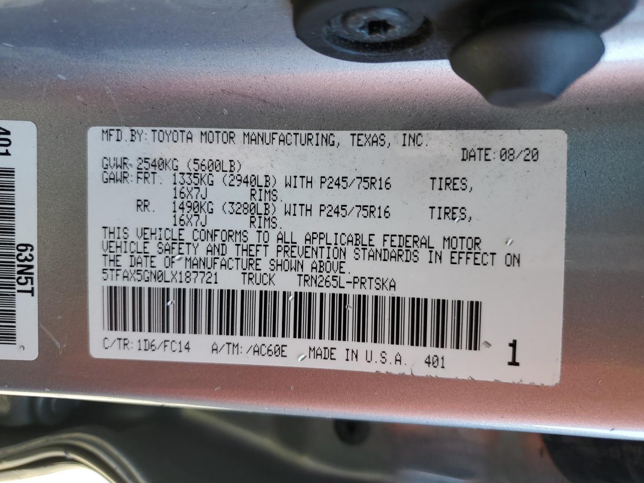 5TFAX5GN0LX187721 TOYOTA TACOMA 2020
