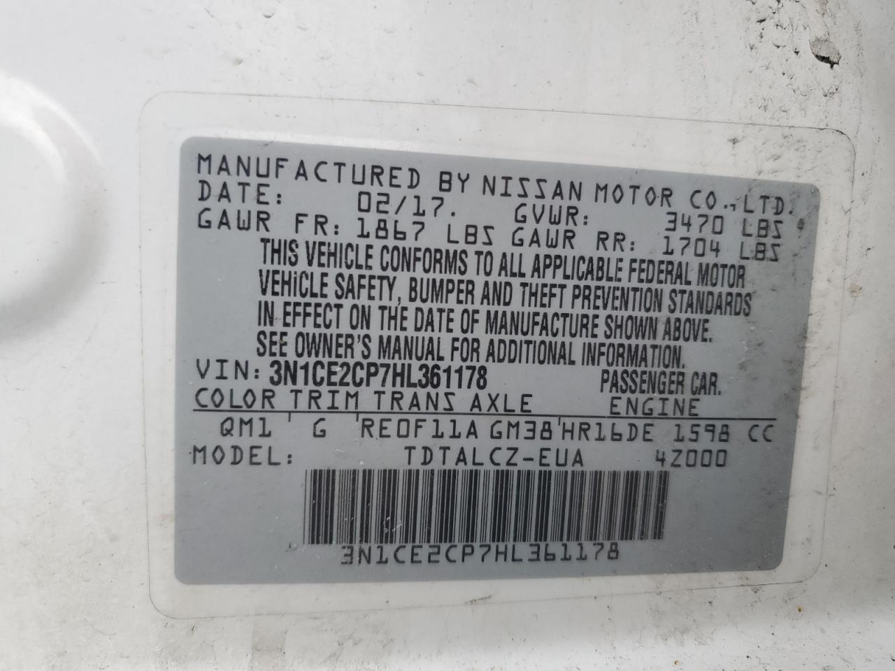 3N1CE2CP7HL361178 NISSAN VERSA 2017