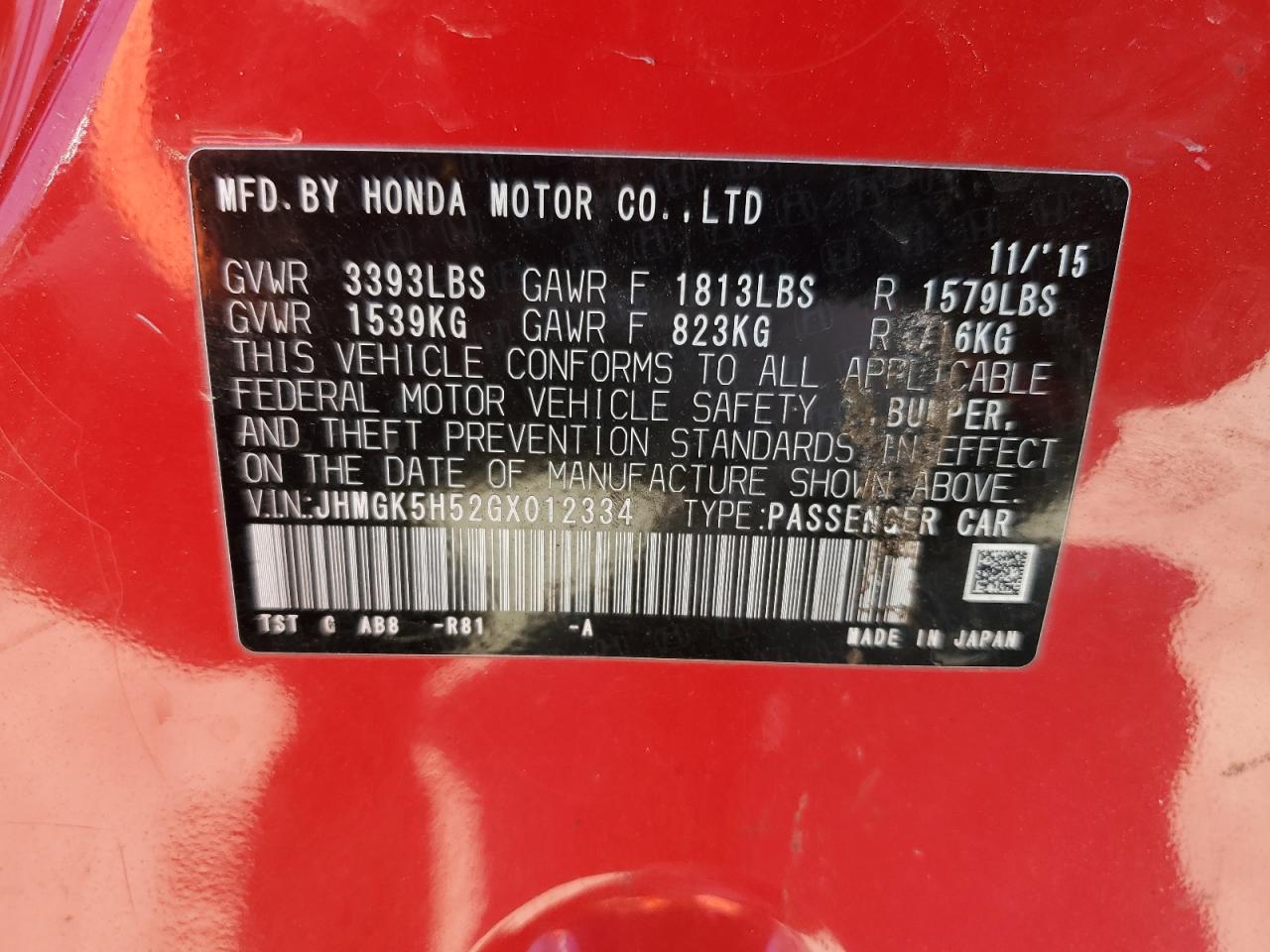 JHMGK5H52GX012334 HONDA FIT 2016