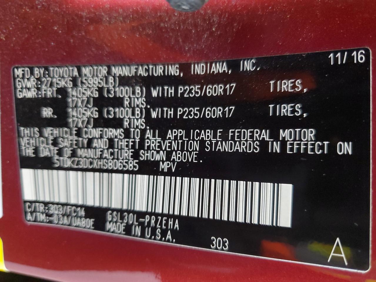 5TDKZ3DCXHS806585 TOYOTA All Models 2017