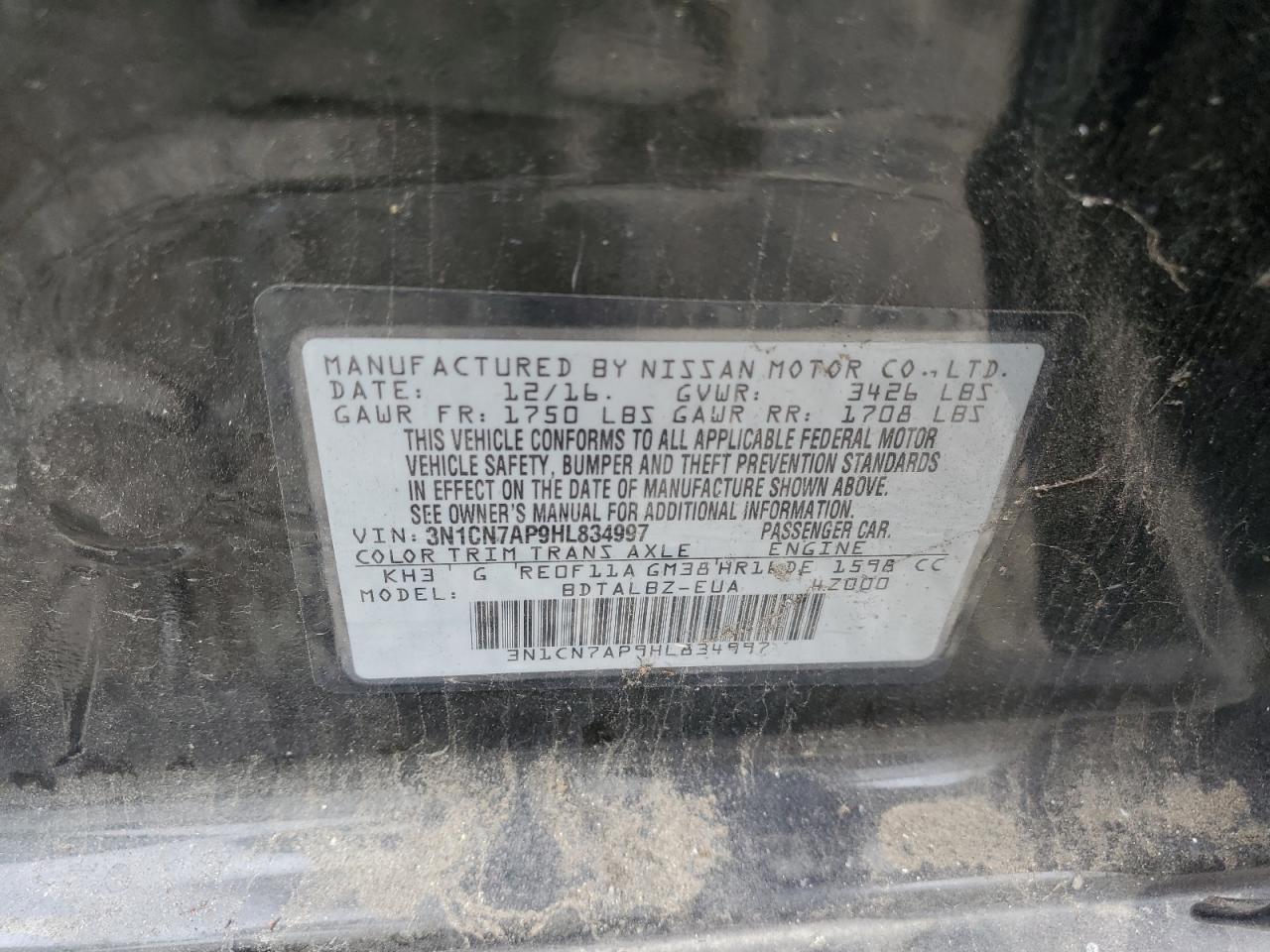 3N1CN7AP9HL834997 NISSAN VERSA 2017