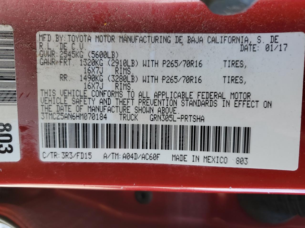3TMCZ5AN6HM070184 TOYOTA TACOMA 2017