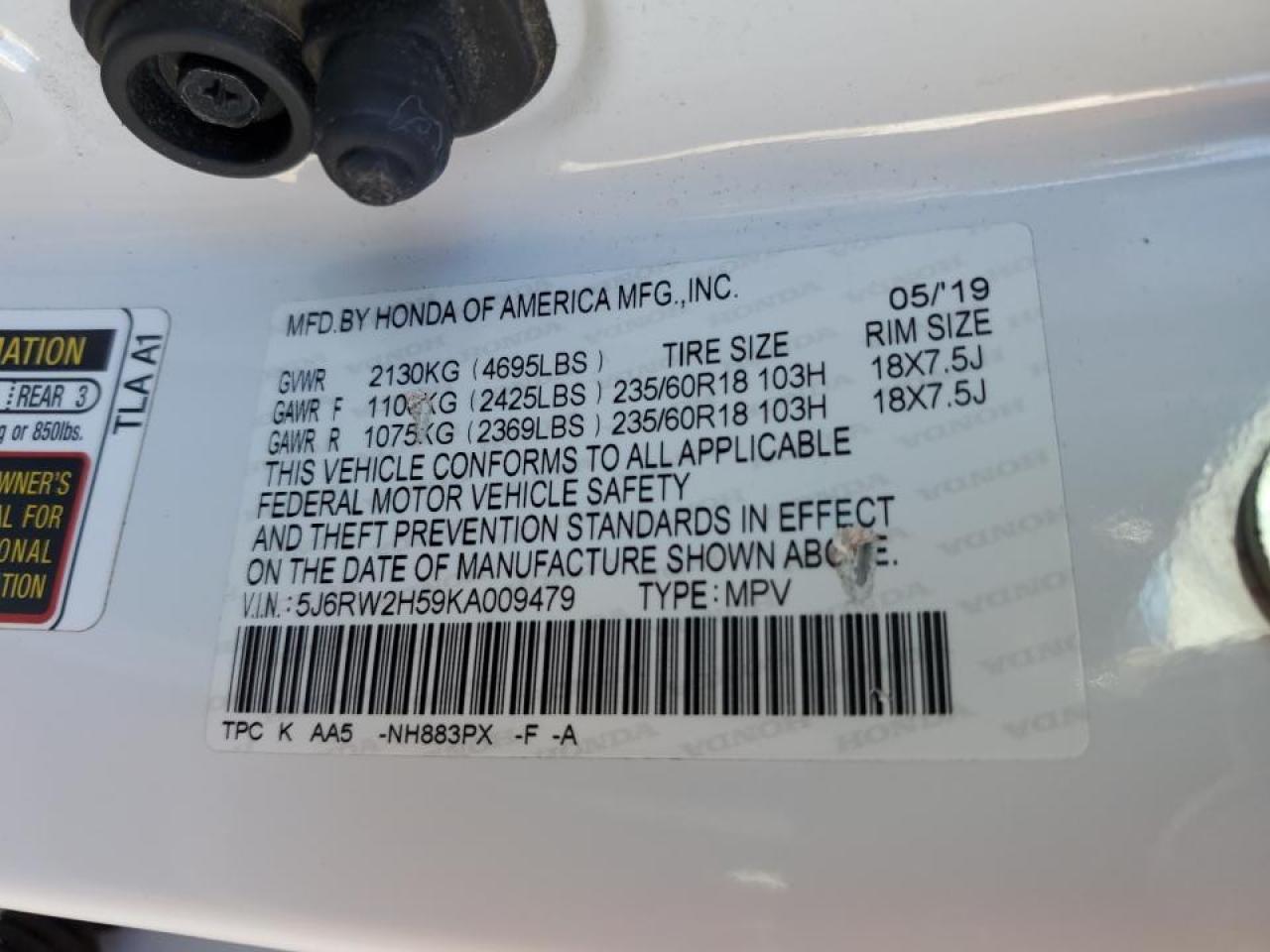 5J6RW2H59KA009479 HONDA CRV 2019