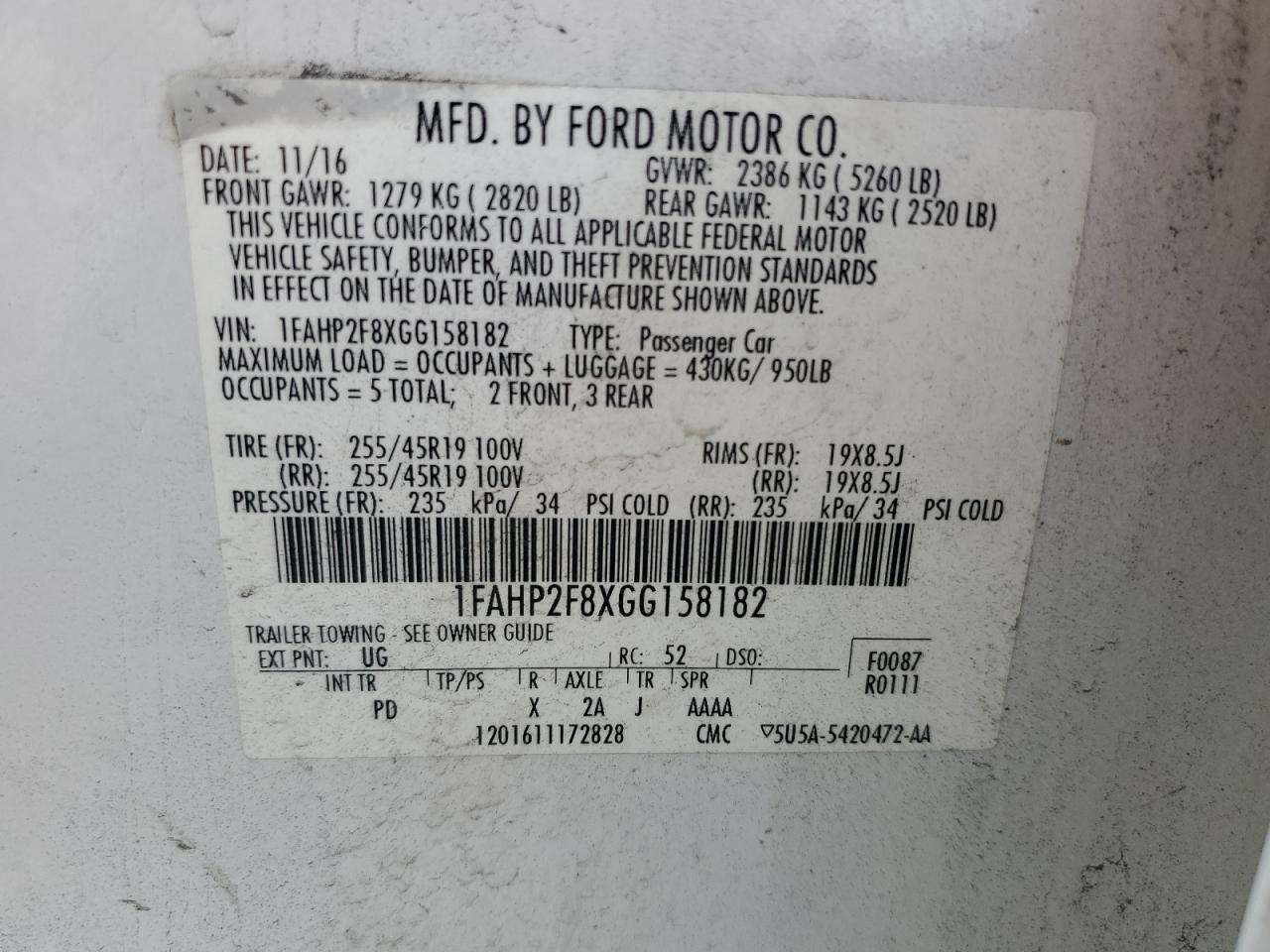 1FAHP2F8XGG158182 FORD TAURUS 2016