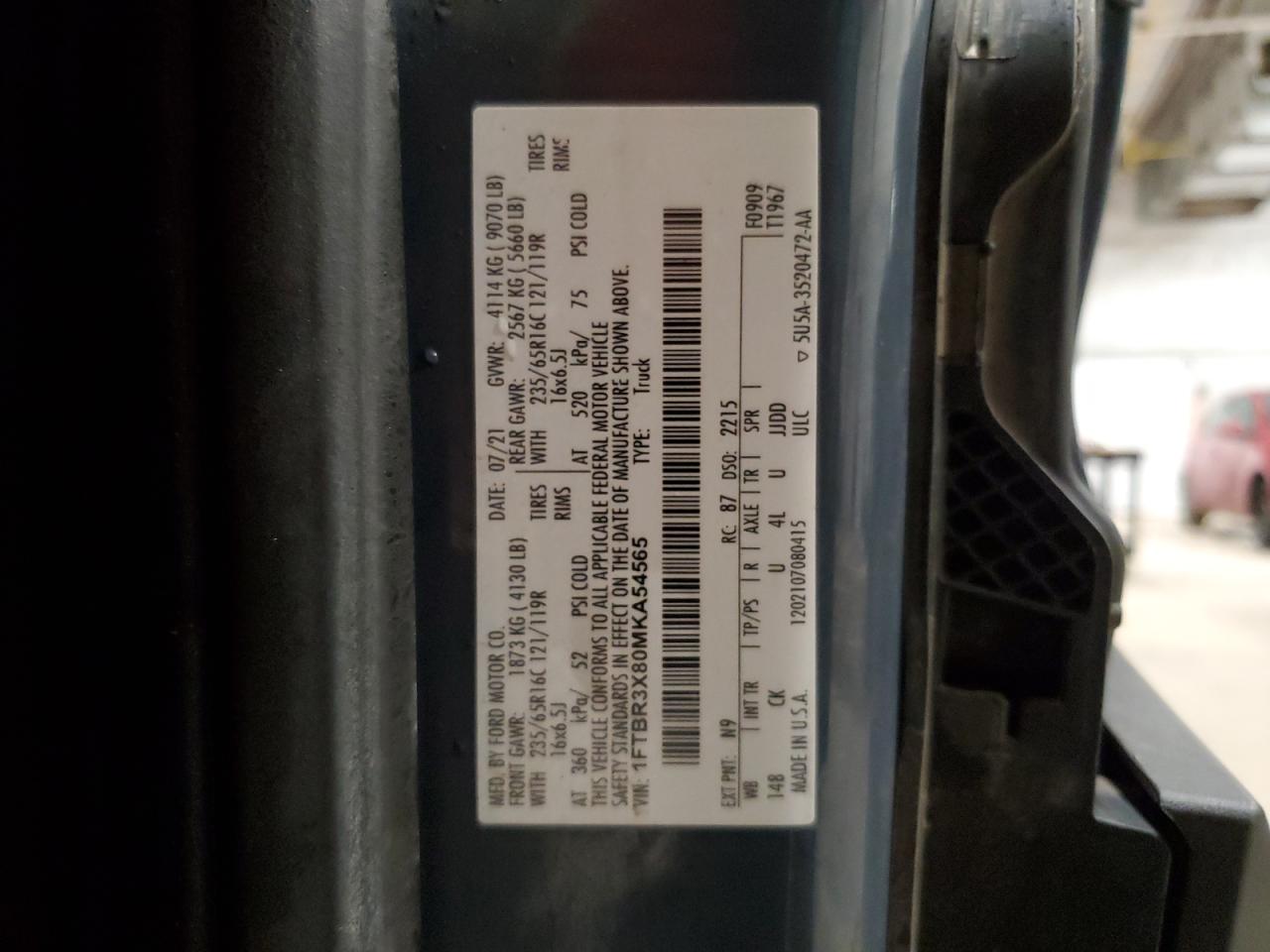 1FTBR3X80MKA54565 FORD TRANSIT 2021