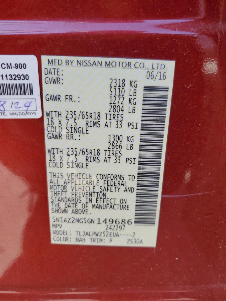 5N1AZ2MG5GN149686 NISSAN MURANO 2016