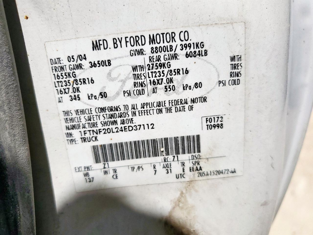 2004 Ford F250 Super Duty VIN: 1FTNF20L24ED37112 Lot: 51422595