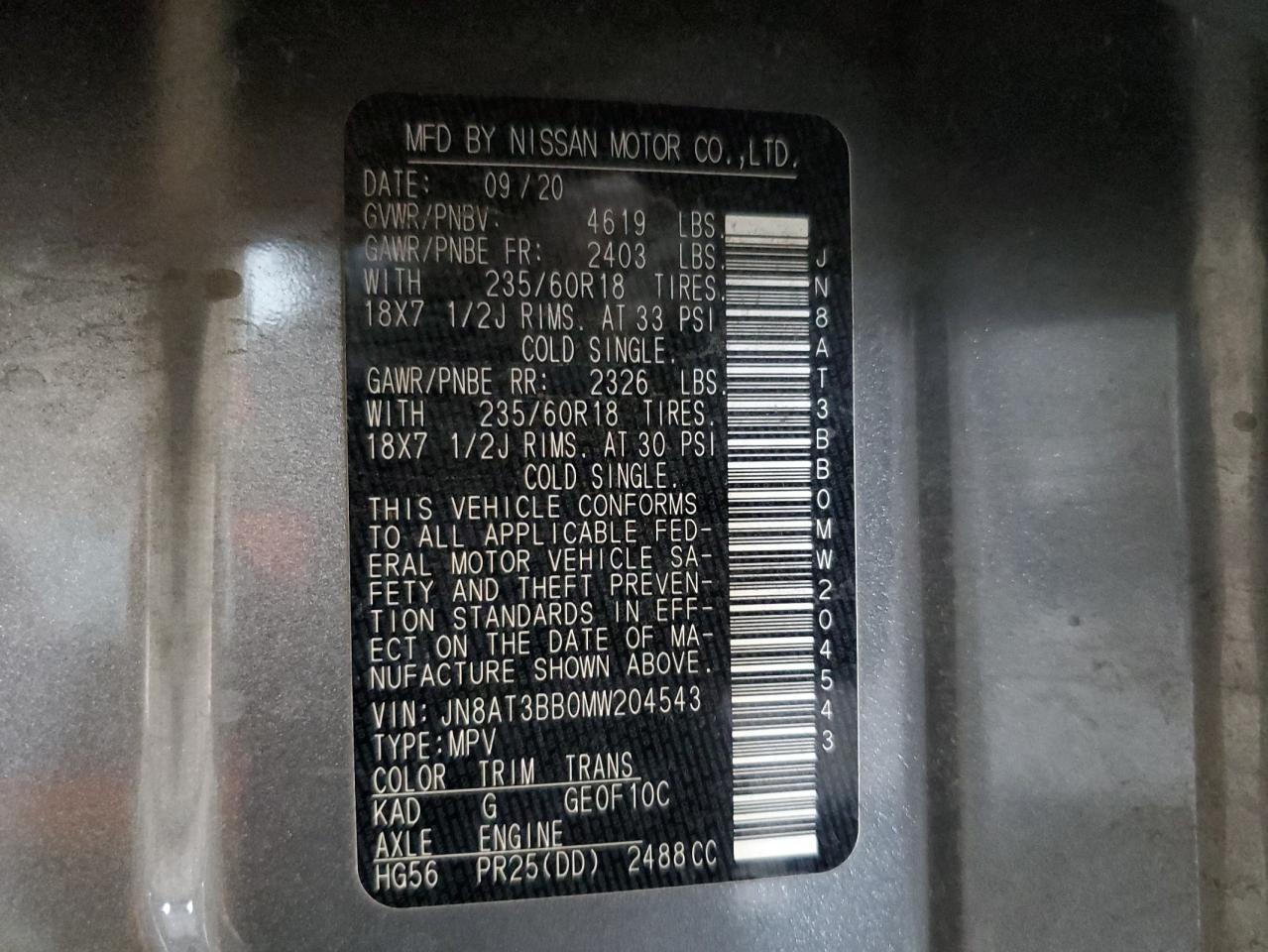 JN8AT3BB0MW204543 NISSAN ROGUE 2021