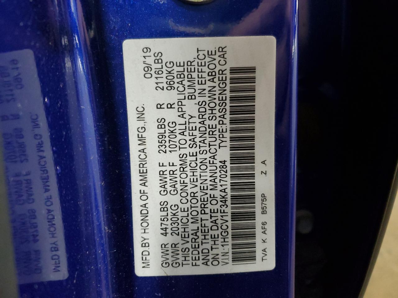 1HGCV1F34KA170284 HONDA ACCORD 2019