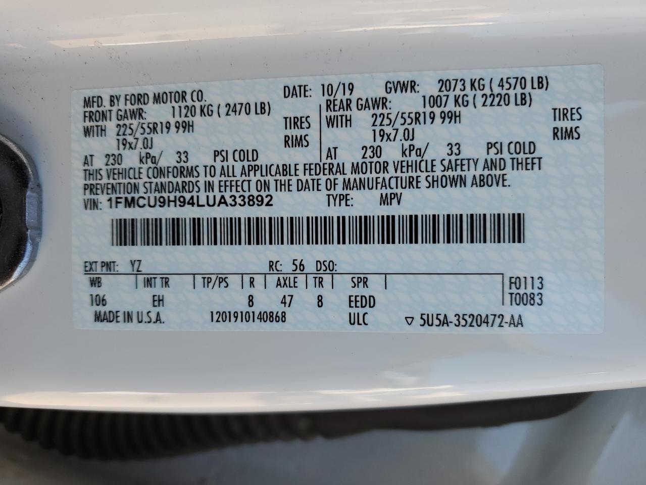 1fmcu9h94lua33892 1FMCU9H94LUA33892 2020 Ford Escape Sel
