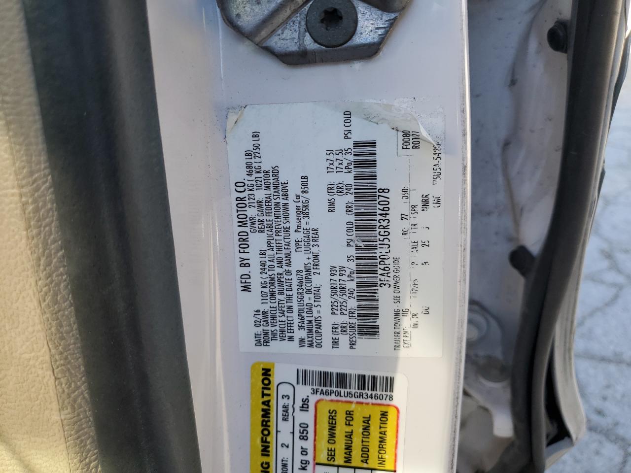 3FA6P0LU5GR346078 FORD FUSION 2016