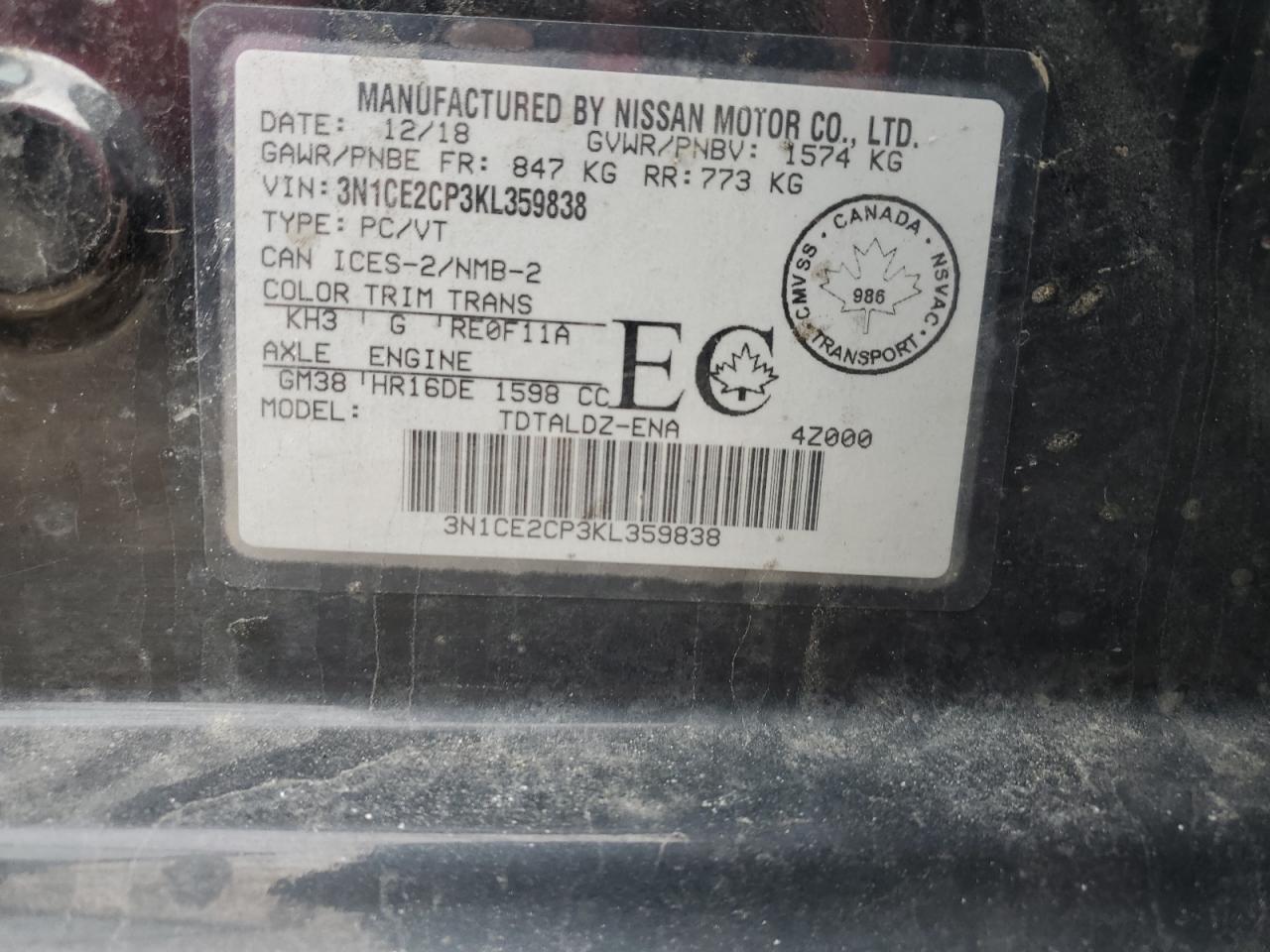 3N1CE2CP3KL359838 NISSAN VERSA 2019