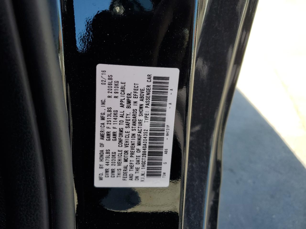 1HGCT2B84GA004352 HONDA ACCORD 2016