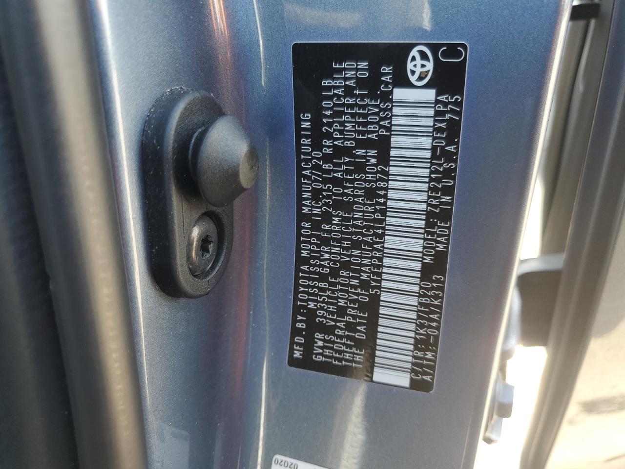 5YFEPRAE4LP144872 TOYOTA COROLLA 2020